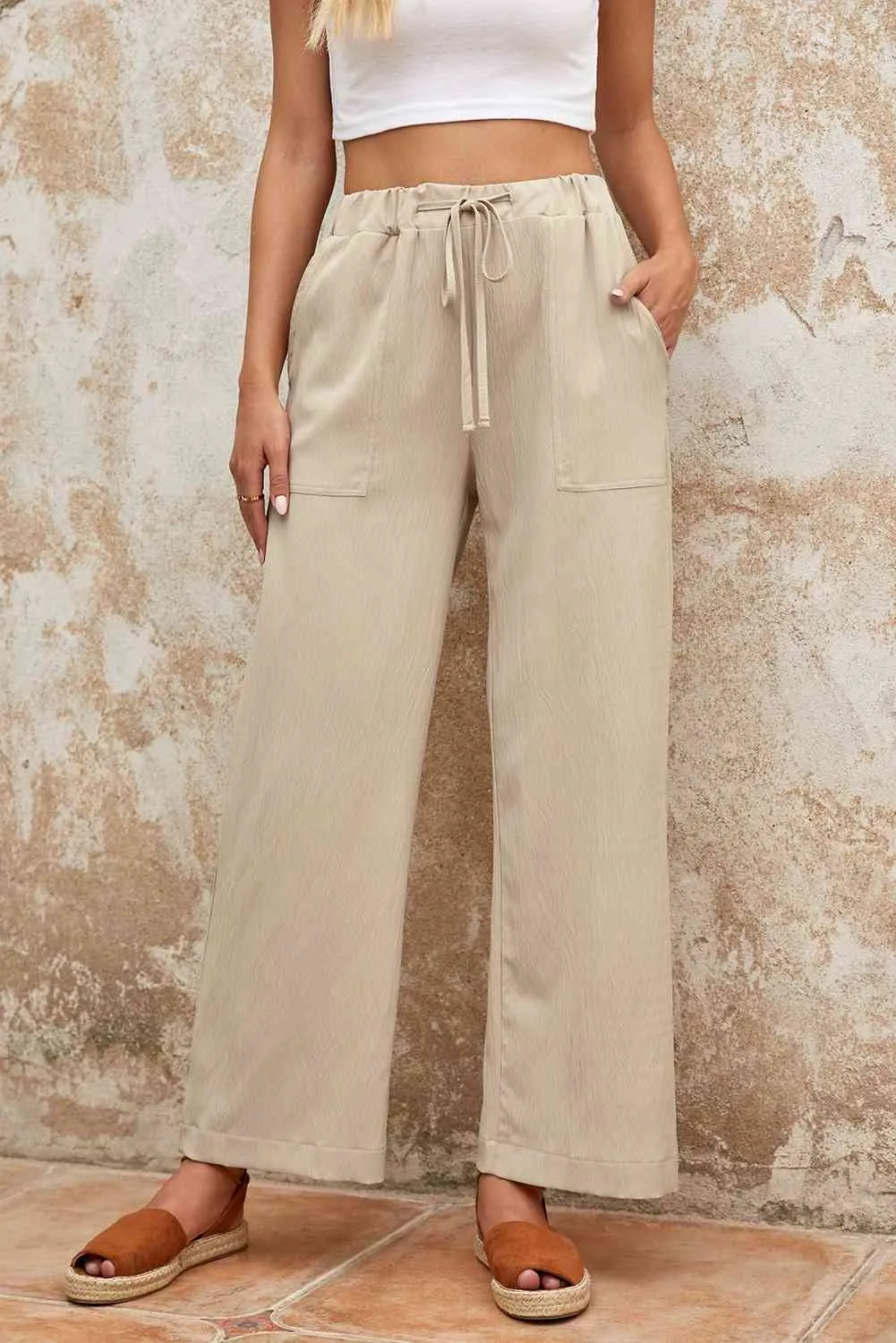 5 Elegant Drawstring Crinkle Wide Leg Pants (S - 2X)