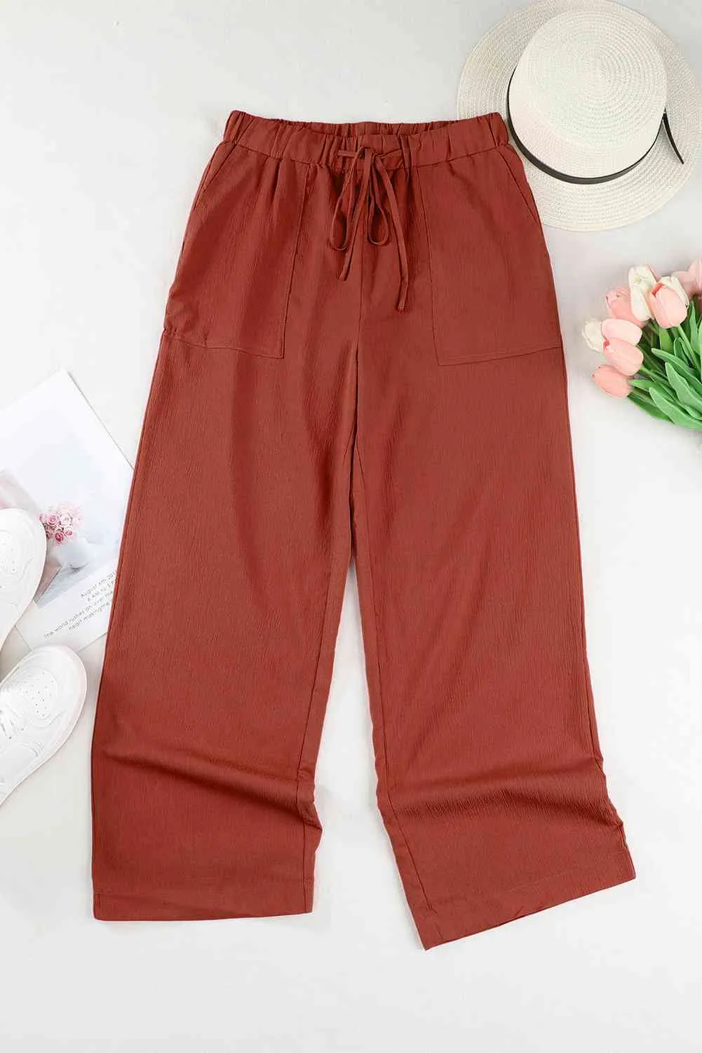 5 Elegant Drawstring Crinkle Wide Leg Pants (S - 2X)