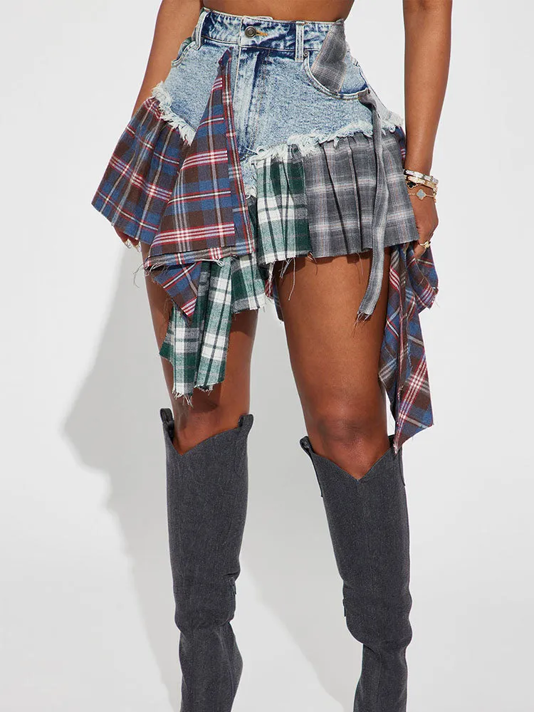 Stylish Asymmetric Patchwork Plaid Denim Skirt