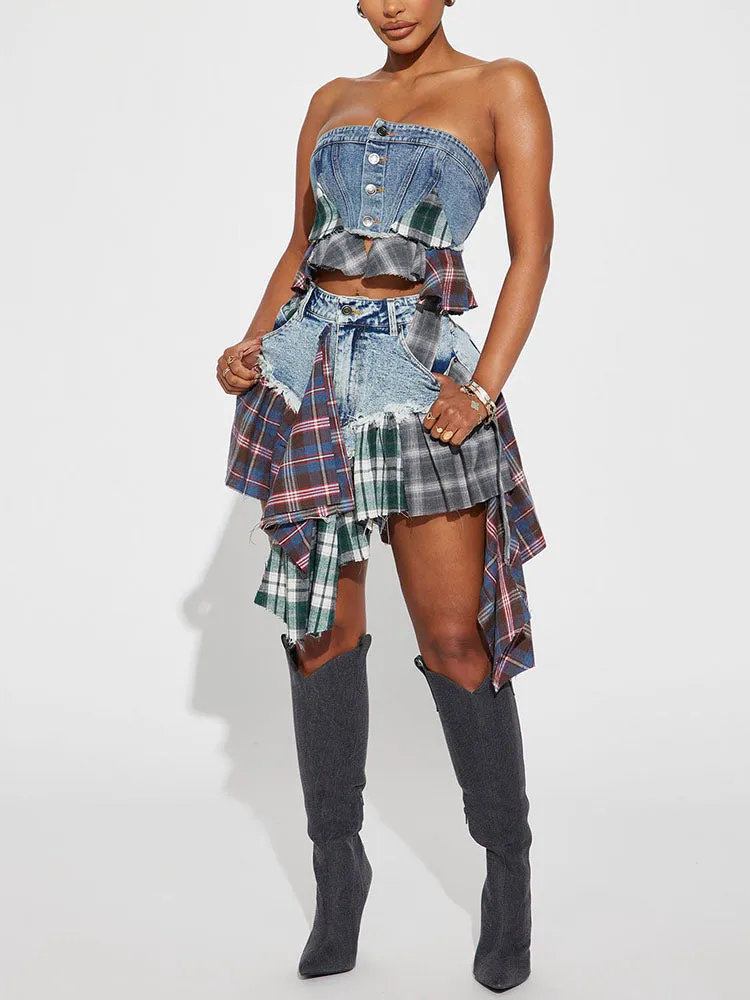 Stylish Asymmetric Patchwork Plaid Denim Skirt