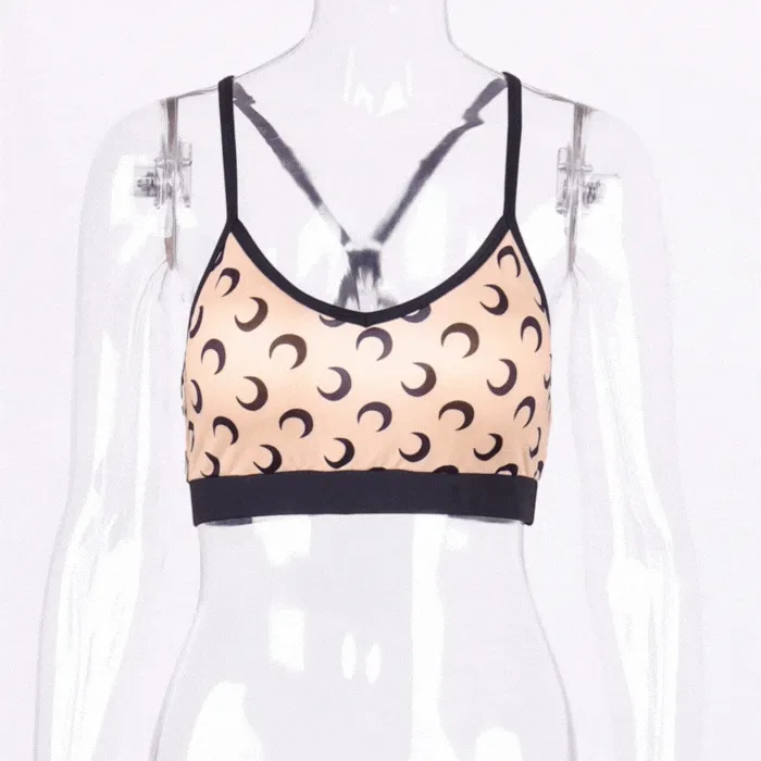 Beige Racerback Crescent Moon Print Sport Bra