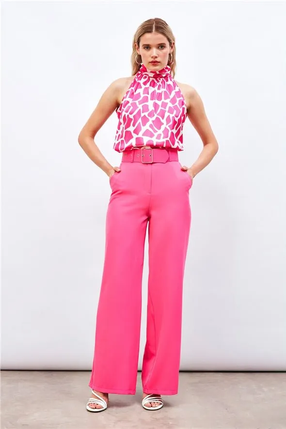 Belted Wide Leg Trousers - Hot Pink