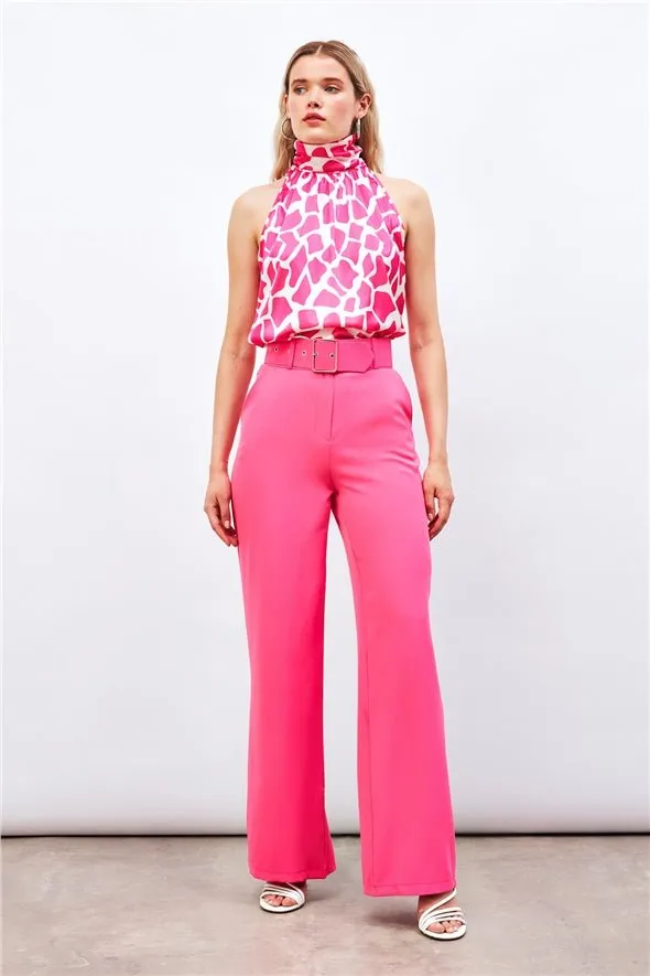 Belted Wide Leg Trousers - Hot Pink