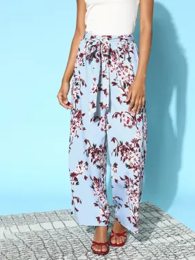 Womens High-Rise Flared Parallel Trousers with Blue & Maroon Floral Print and Tie-Up Waist - Berrylush