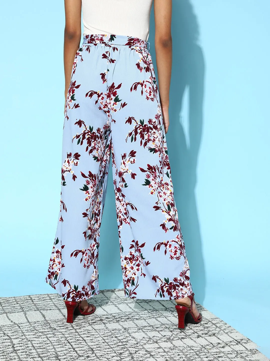 Womens High-Rise Flared Parallel Trousers with Blue & Maroon Floral Print and Tie-Up Waist - Berrylush