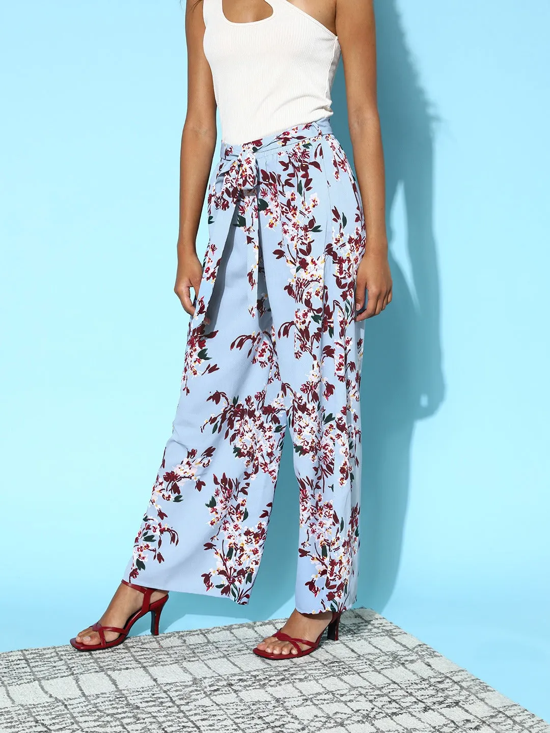 Womens High-Rise Flared Parallel Trousers with Blue & Maroon Floral Print and Tie-Up Waist - Berrylush