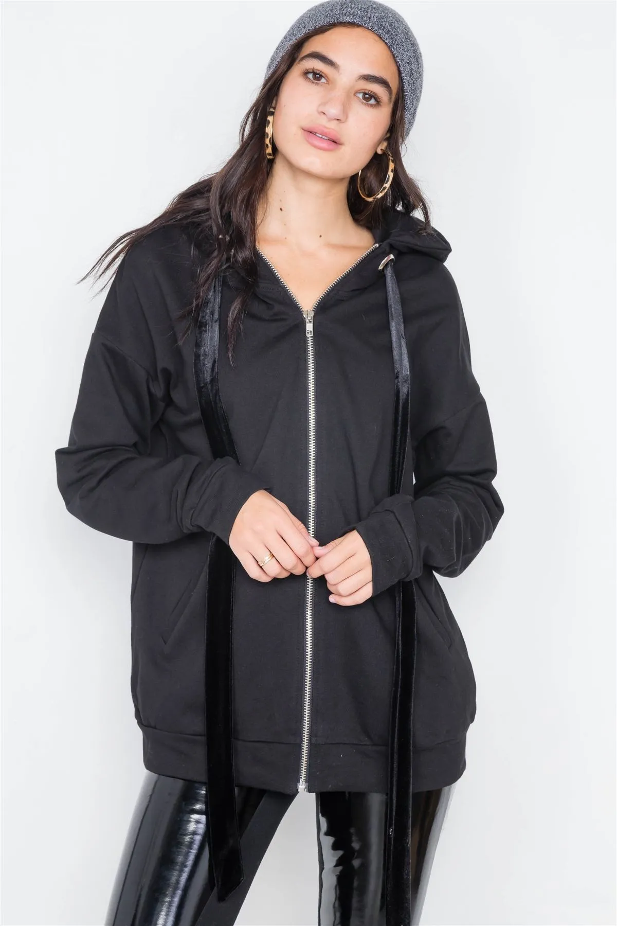 Black Cotton Zip-up Hoodie Sweater