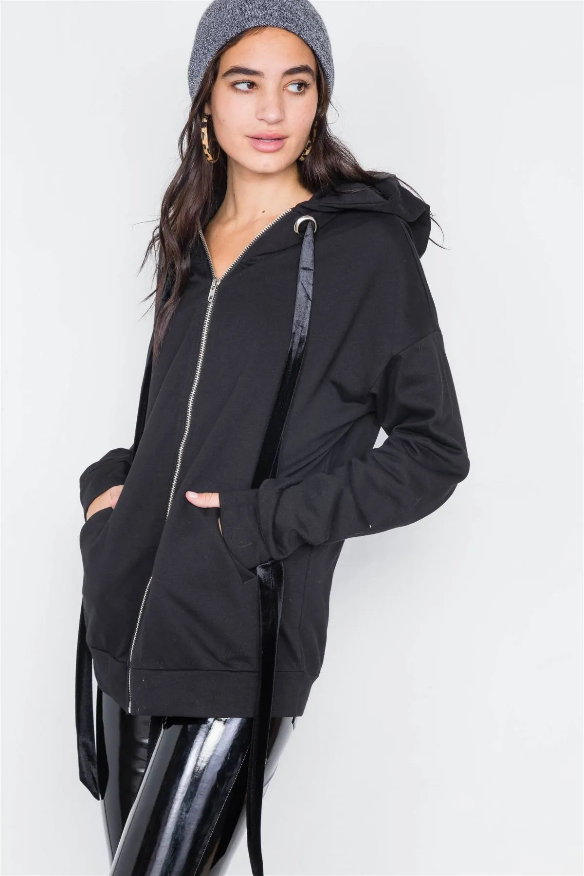 Black Cotton Zip-up Hoodie Sweater