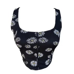 Black Daisy Print Mesh Sleeveless Crop Top