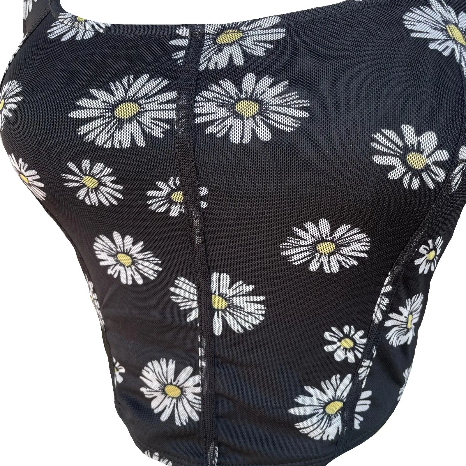 Black Daisy Print Mesh Sleeveless Crop Top