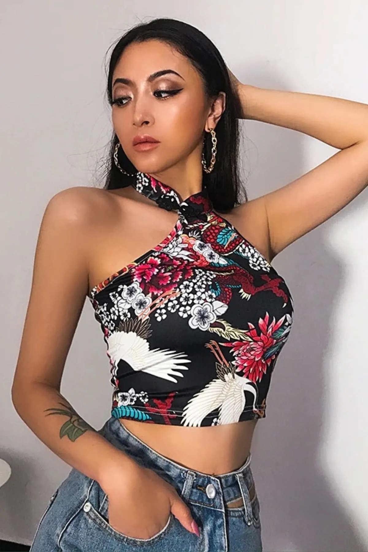 Black Halter Satin Dragon Crop Top