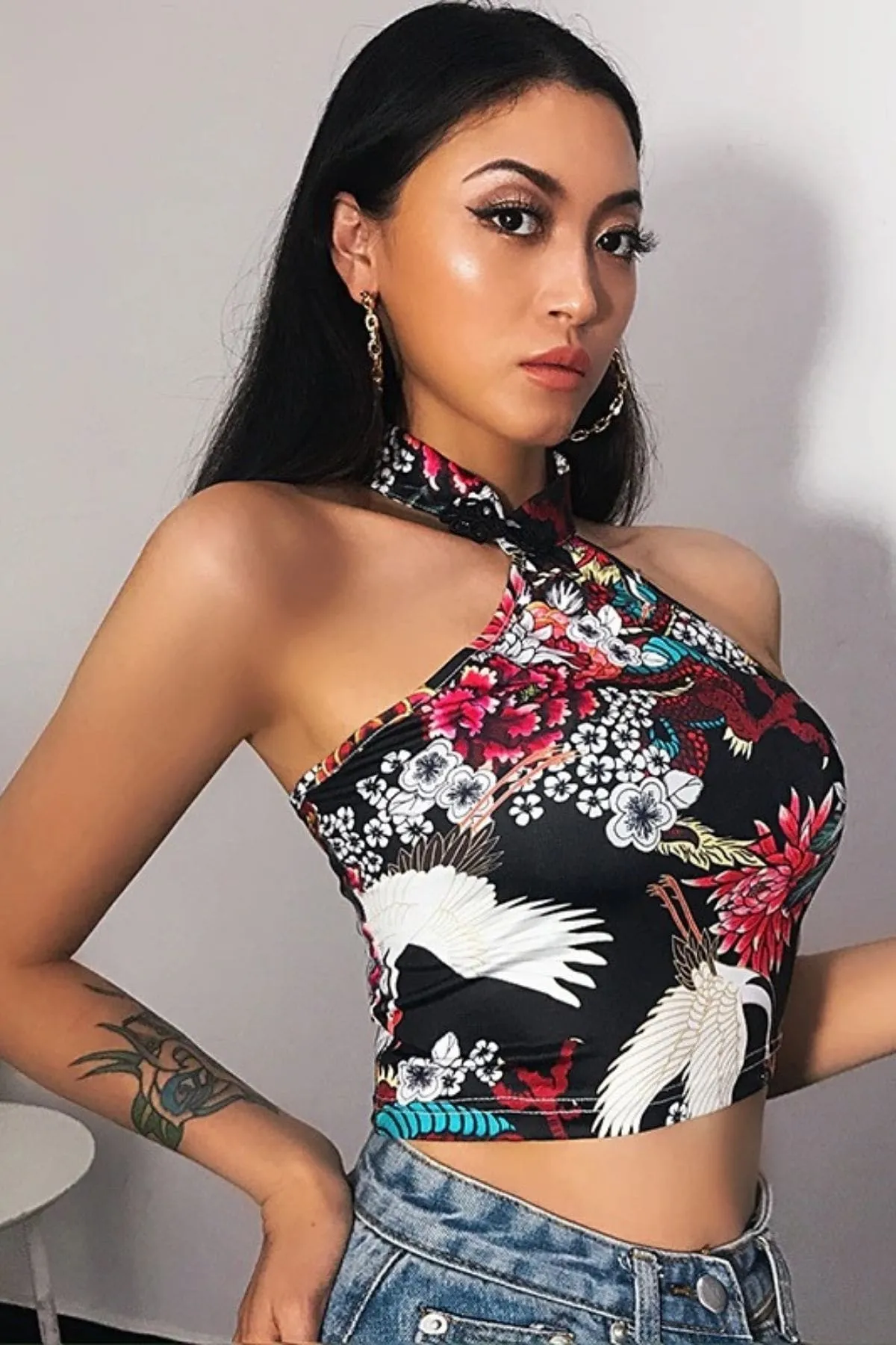 Black Halter Satin Dragon Crop Top