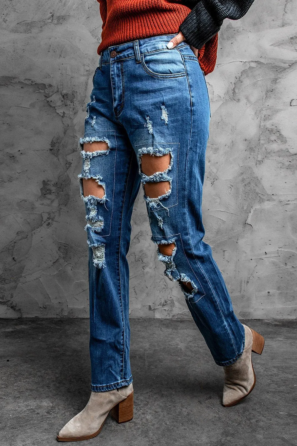 Blue Distressed Ripped Jeans