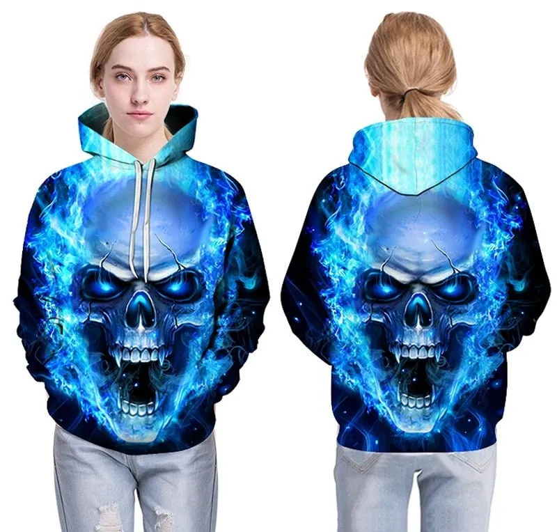 Blue Flame Skull Hoodies 3D Sweatshirts Men Women Hooded Loose Tracksuits Autumn Winter Coat Streetwear Funny Jackets Hoodie