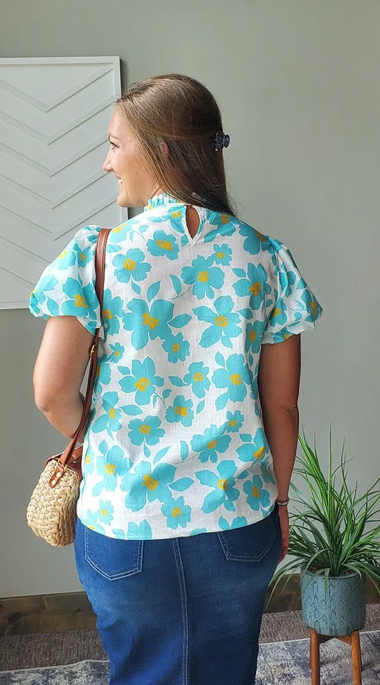 Blue Floral Puff Sleeve Top