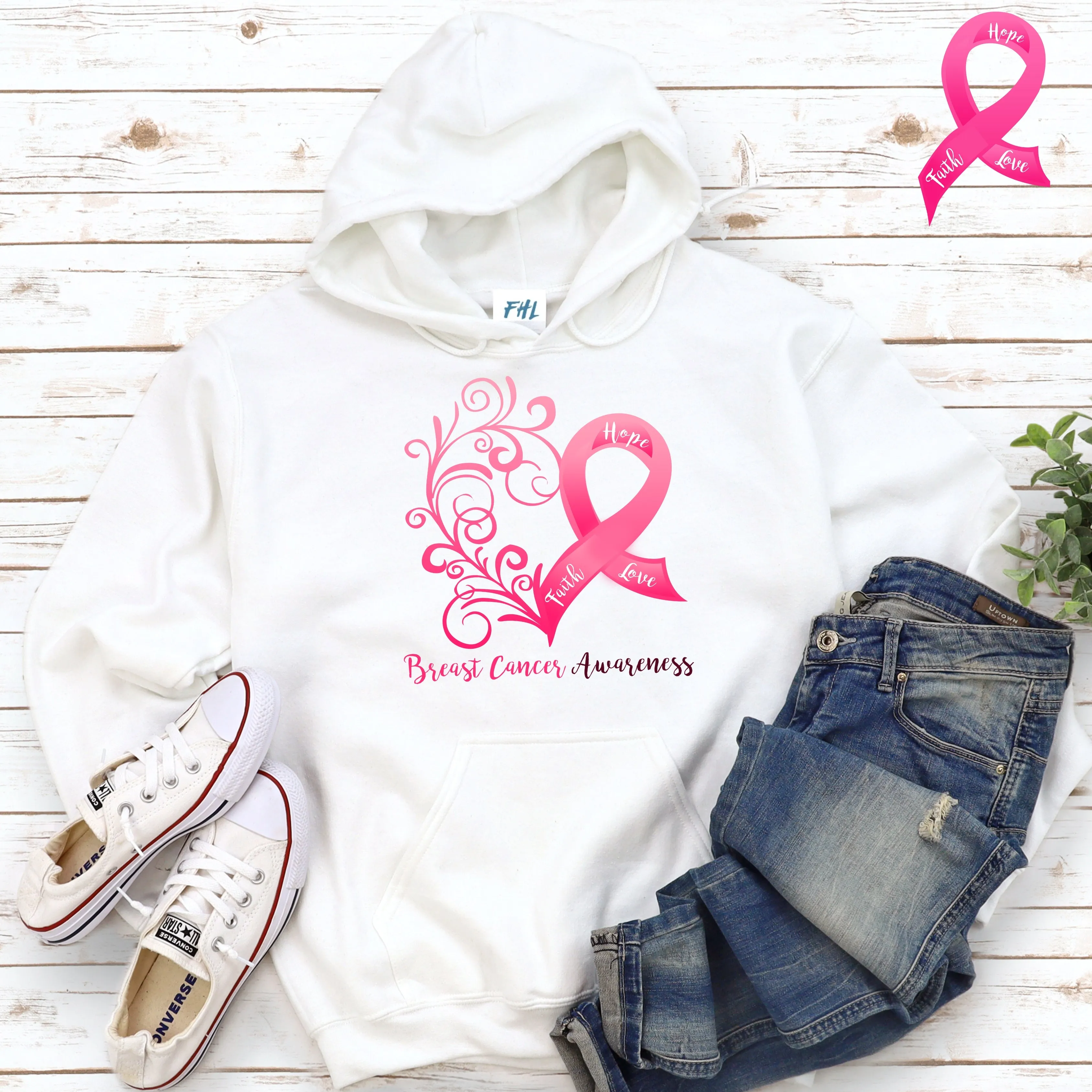 Breast Cancer Awareness Heart Hoodie (Several Colors Available)