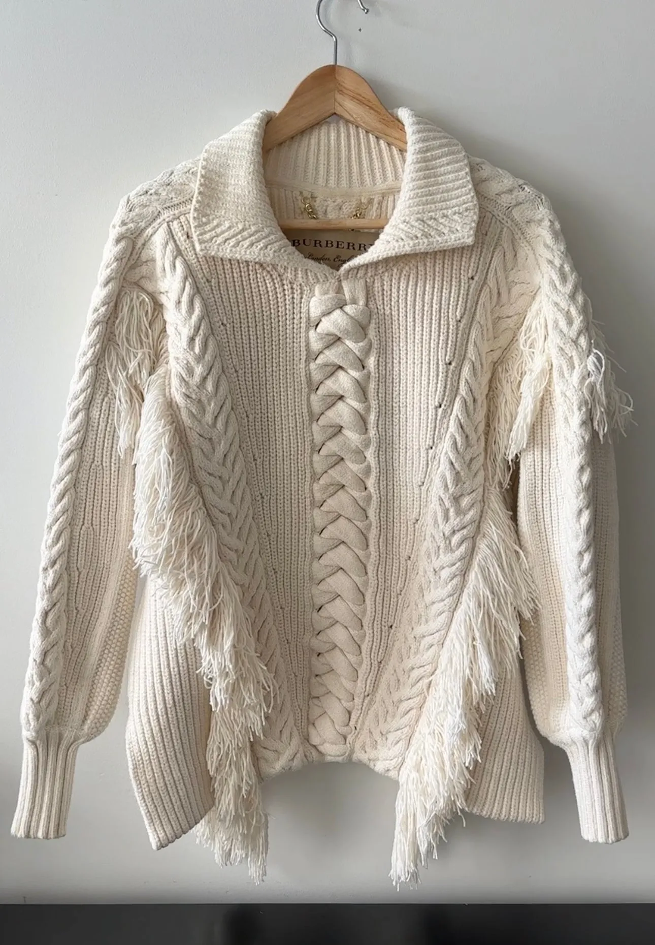 Burberry Heavy Ivory Fringe Cable Knit Cotton Sweater - S