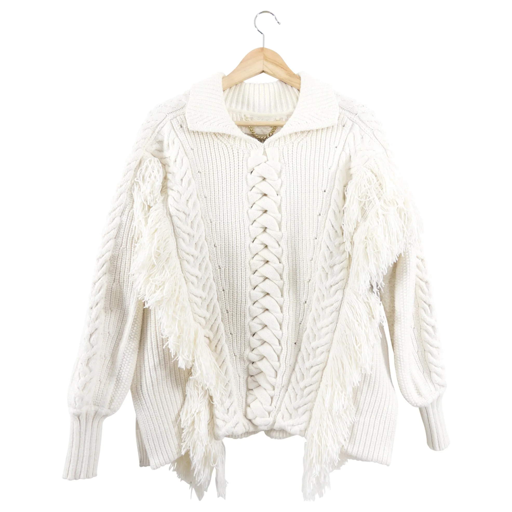 Burberry Heavy Ivory Fringe Cable Knit Cotton Sweater - S