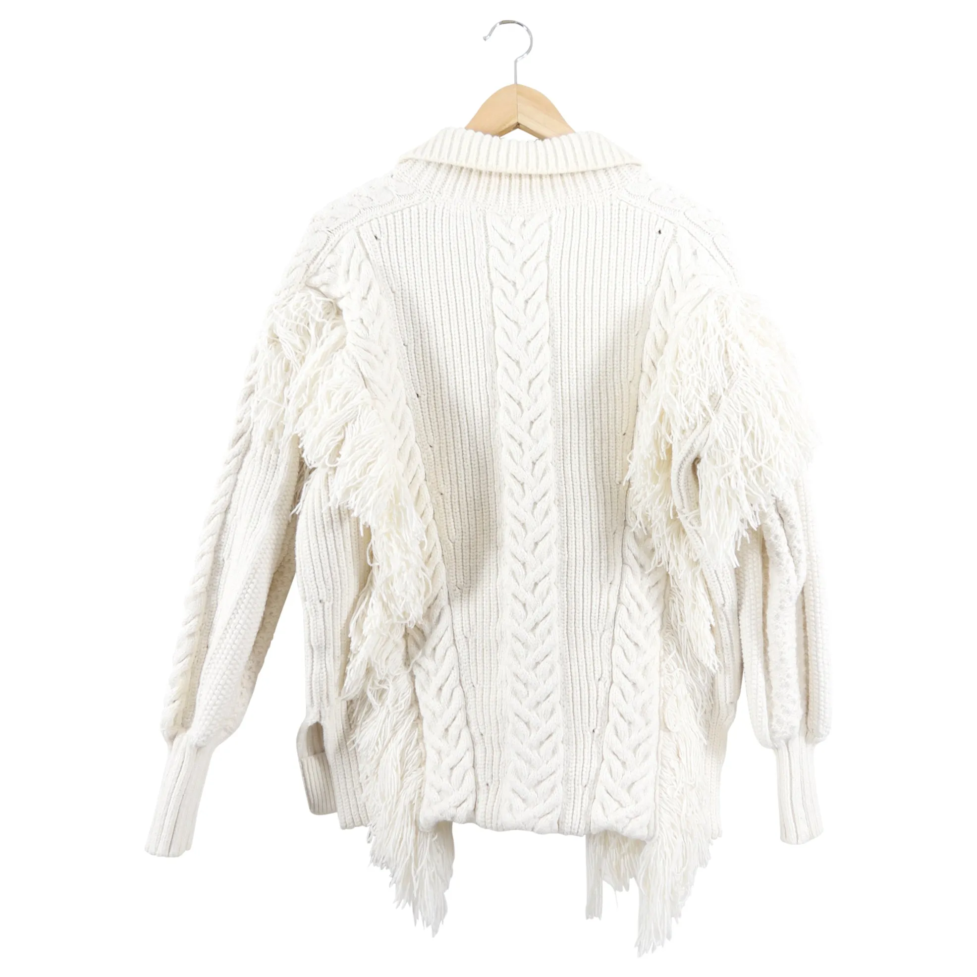 Burberry Heavy Ivory Fringe Cable Knit Cotton Sweater - S