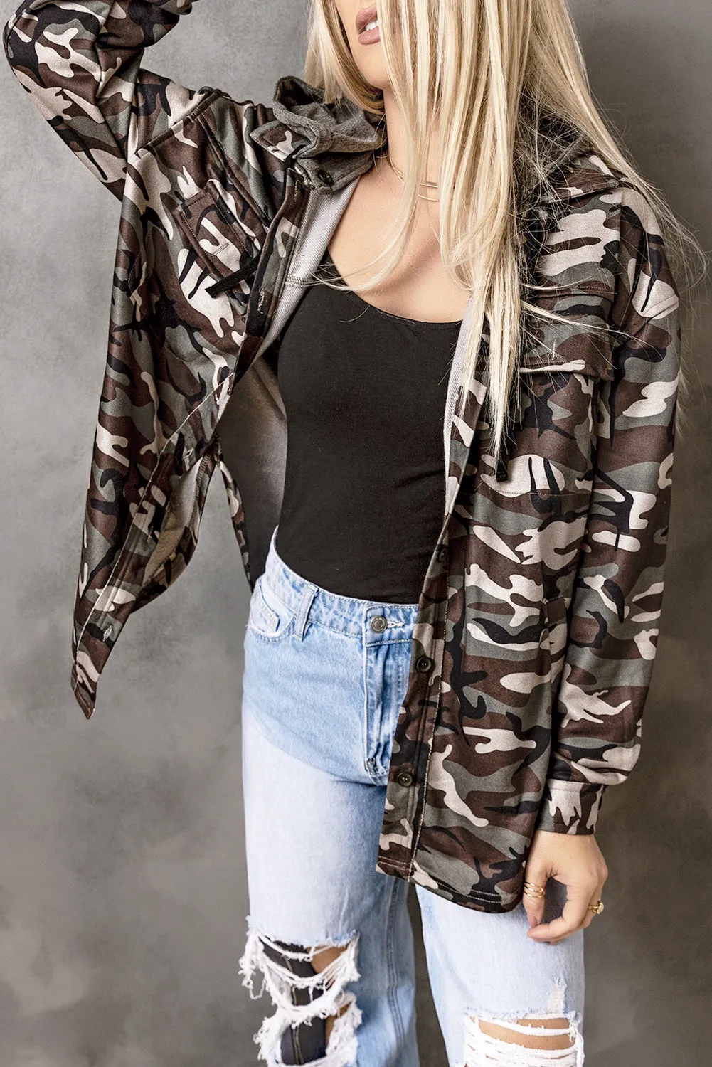 Camo Print Button up Green Hooded Jacket