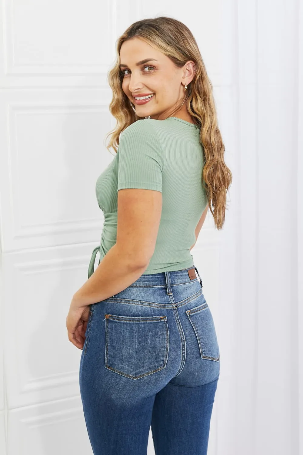 Capella, Back To Simple Ribbed Front Scrunched Top in Green