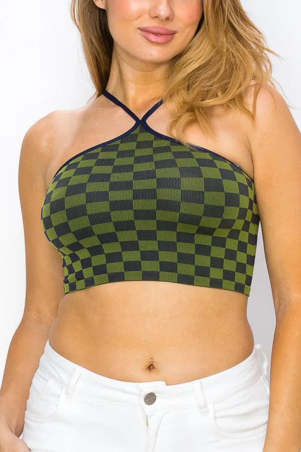 Checkered Pattern Halter Neck Crop Top