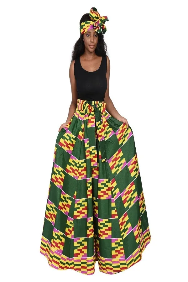 Color Block African Print Palazzo Pants w/Headwrap (One Size)