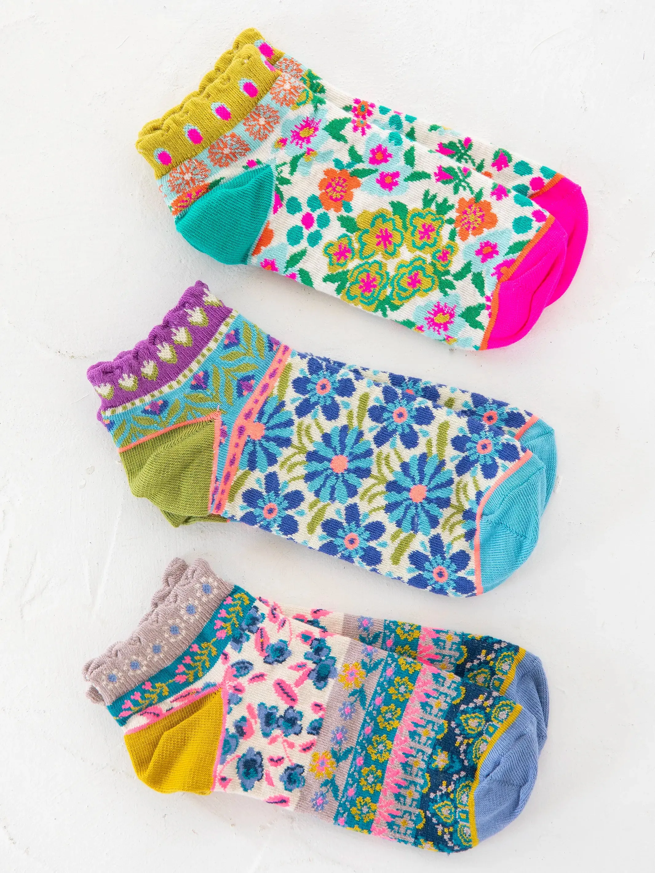 Cozy Ankle Socks, Set of 3 - Turquoise Pink