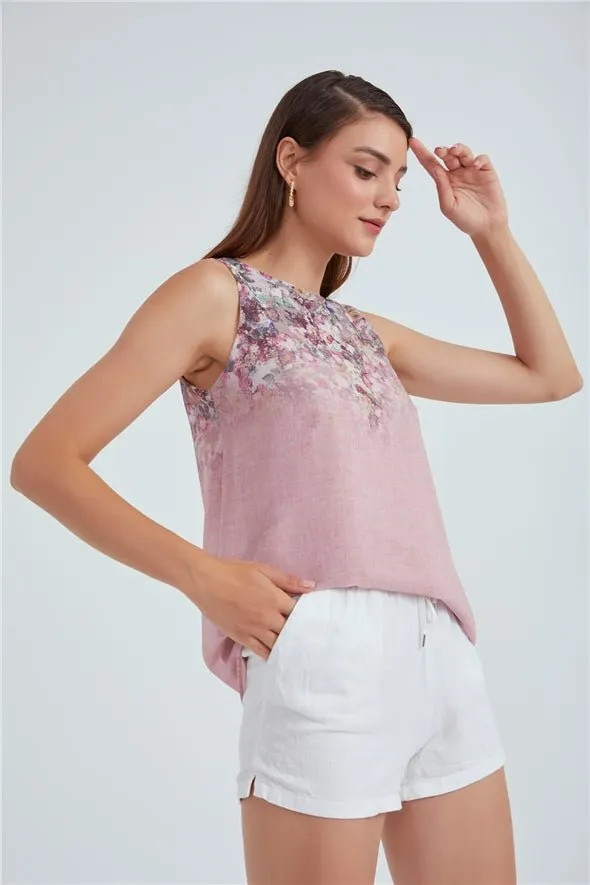 Crew Neck Ambre Floral Printed Georgette  Top - Pink