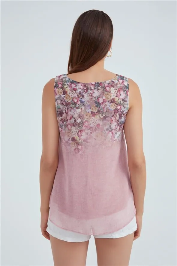 Crew Neck Ambre Floral Printed Georgette  Top - Pink