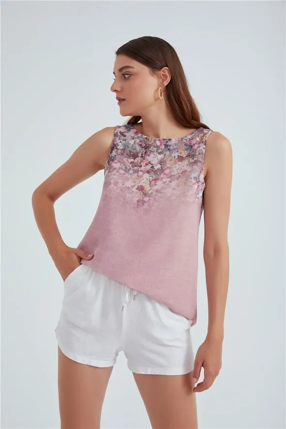 Crew Neck Ambre Floral Printed Georgette  Top - Pink