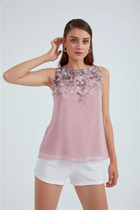 Crew Neck Ambre Floral Printed Georgette  Top - Pink