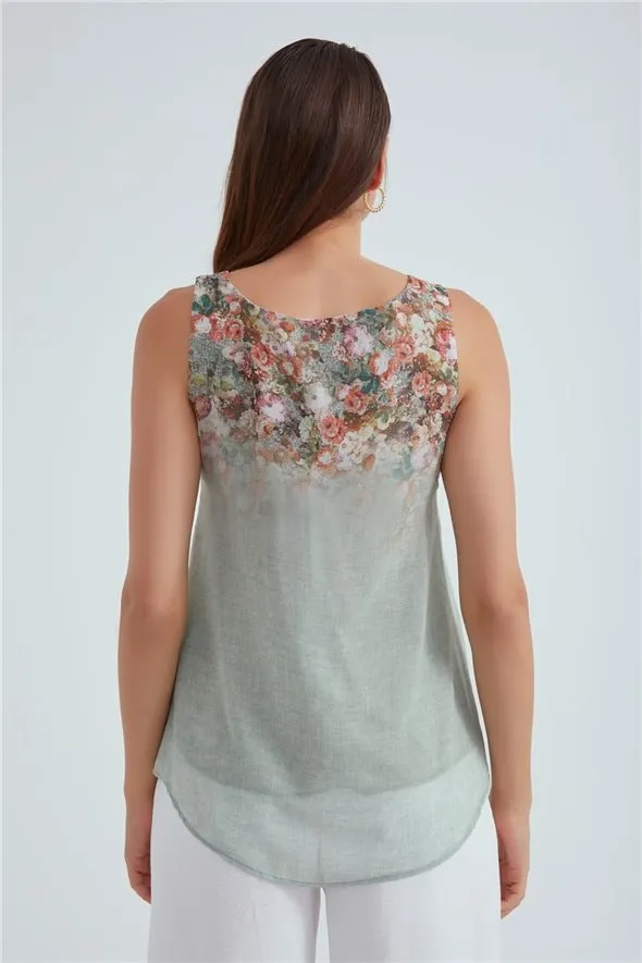 Crew Neck Ambre Floral Printed Georgette Top - Sage