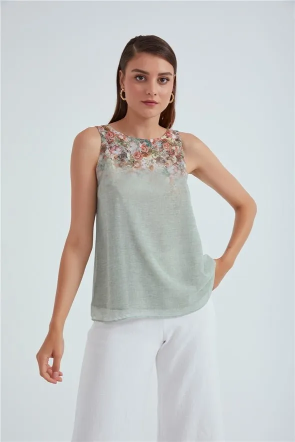 Crew Neck Ambre Floral Printed Georgette Top - Sage