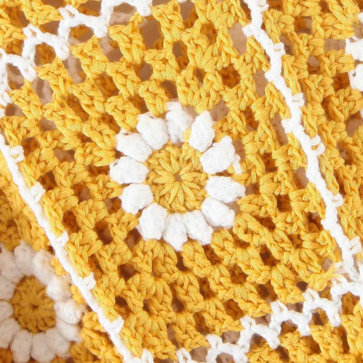 Daisy Squares Crochet Sweater Jacket Boho Sunny Flowers Cardigan Yellow With White Daisies Button Down Front One Size