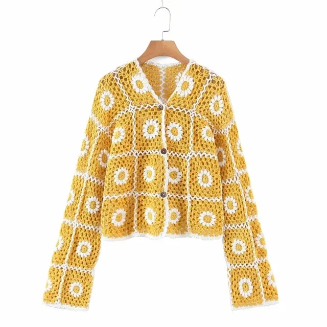 Daisy Squares Crochet Sweater Jacket Boho Sunny Flowers Cardigan Yellow With White Daisies Button Down Front One Size