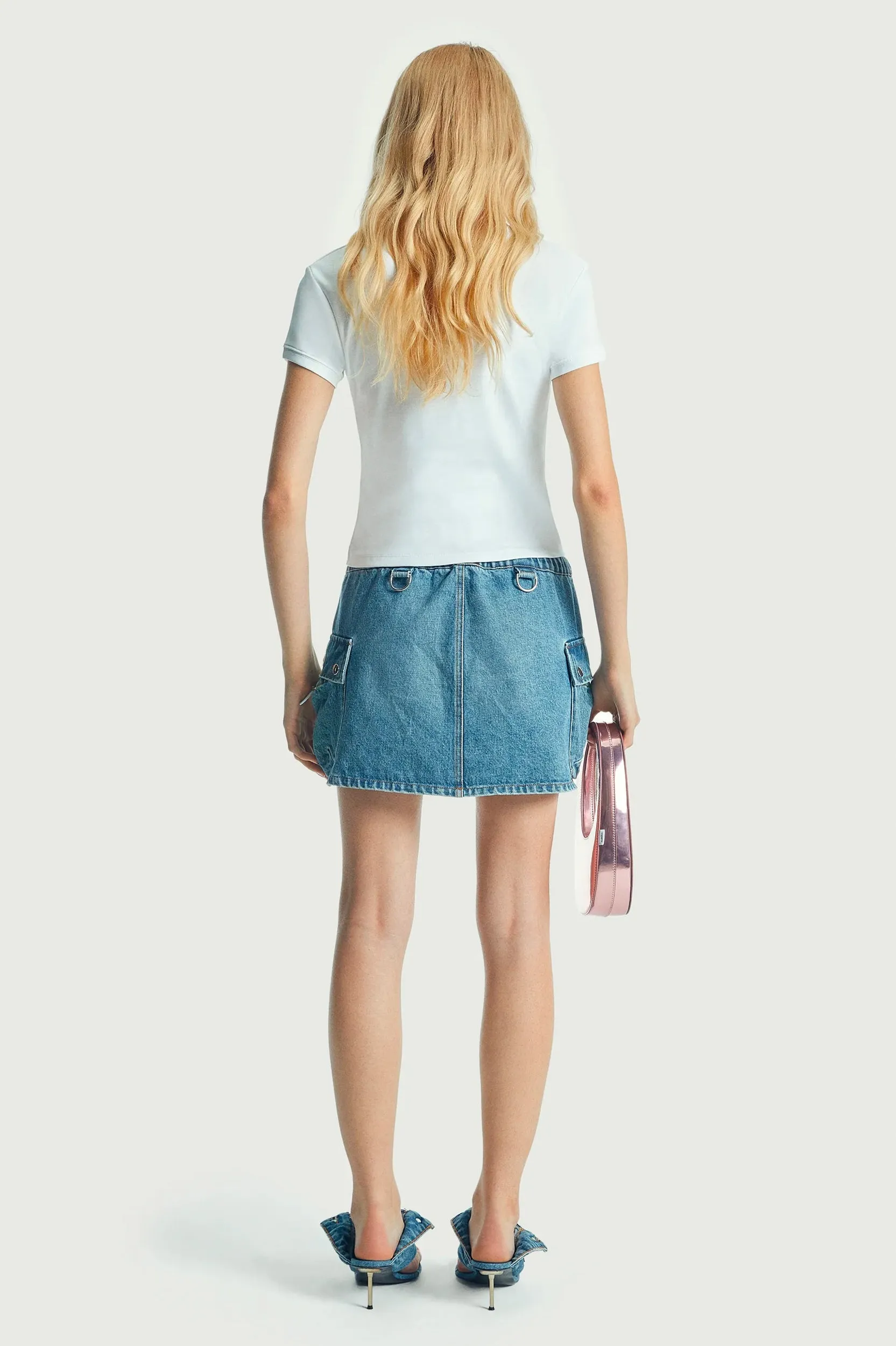 Denim Cargo Skirt in Washed Blue