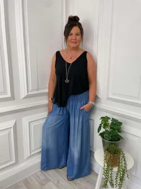 Denim Look Palazzo Trousers - Blue