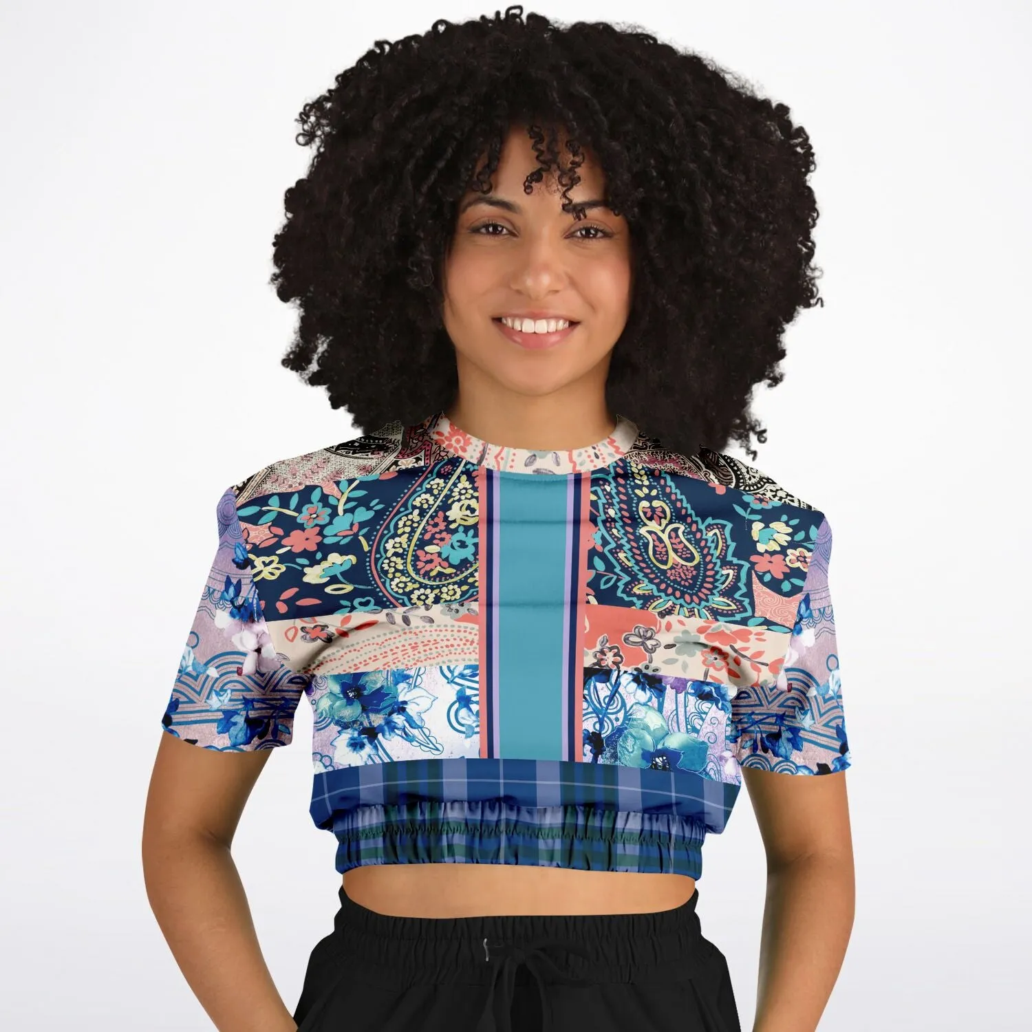 Dolores Park Paisley Plaid Short Sleeve Cropped Eco-Poly Sweater