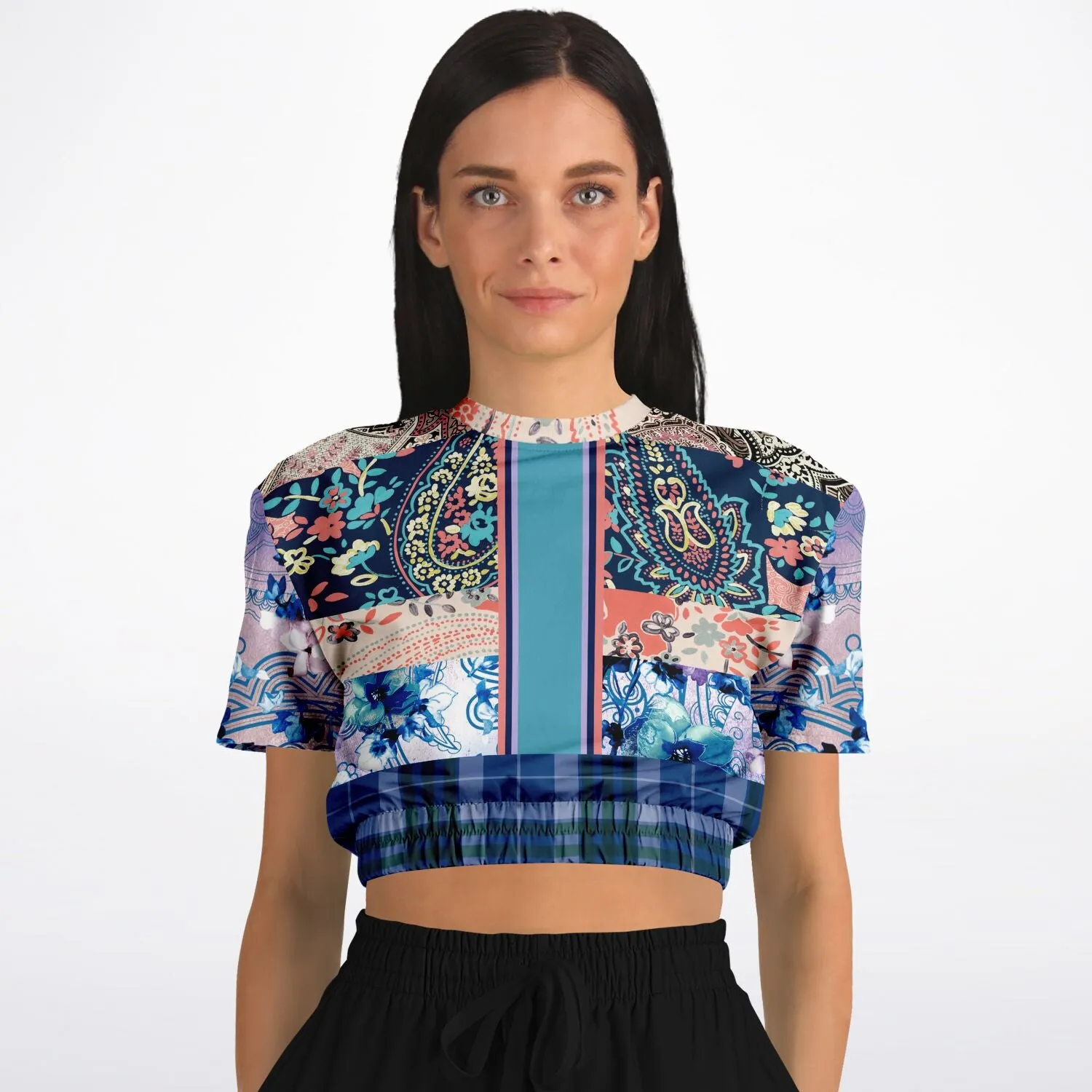 Dolores Park Paisley Plaid Short Sleeve Cropped Eco-Poly Sweater