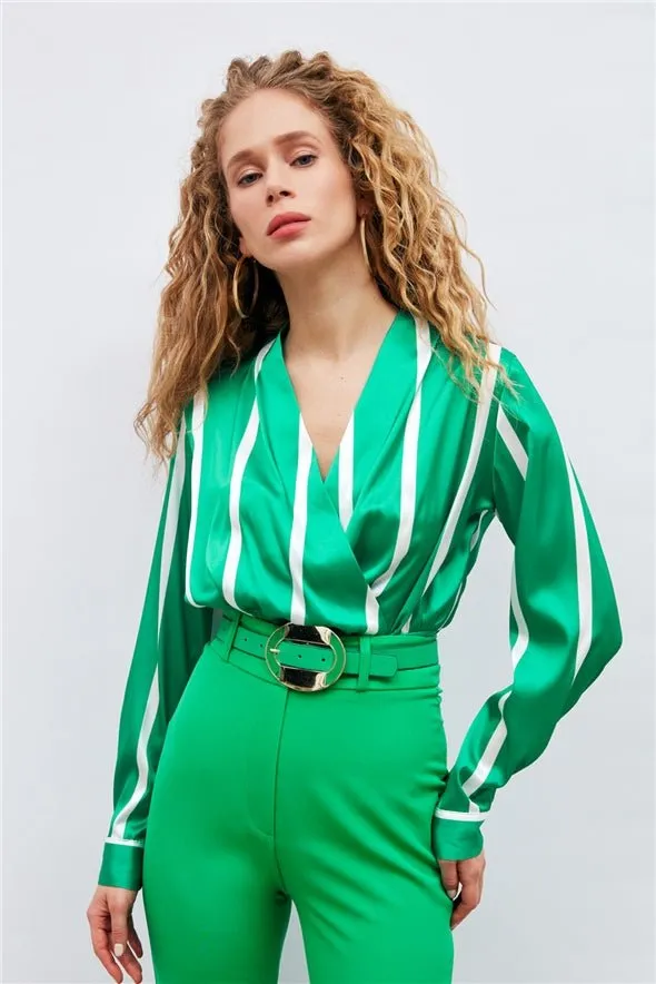 Double Breasted Wrap V-Neck Striped Crop Blouse - Green