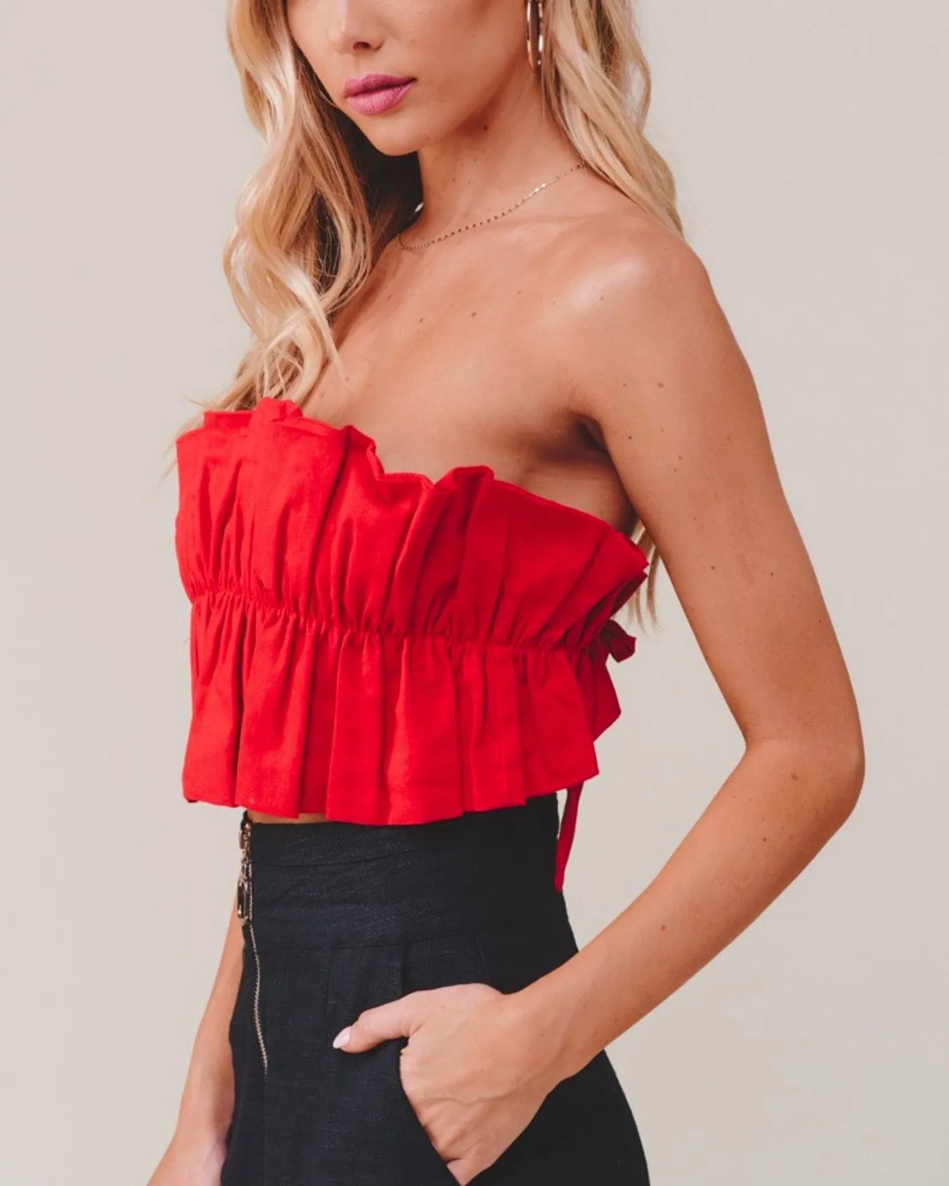 Double Take Ruffled Crop Top in Red