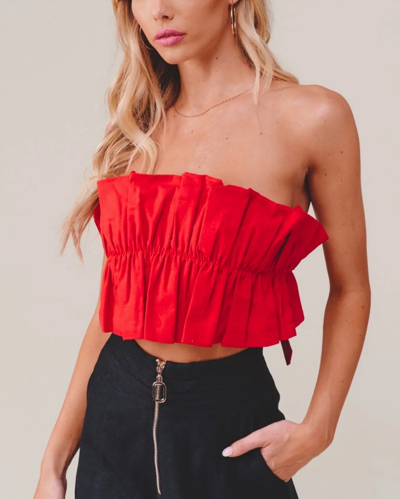 Double Take Ruffled Crop Top in Red