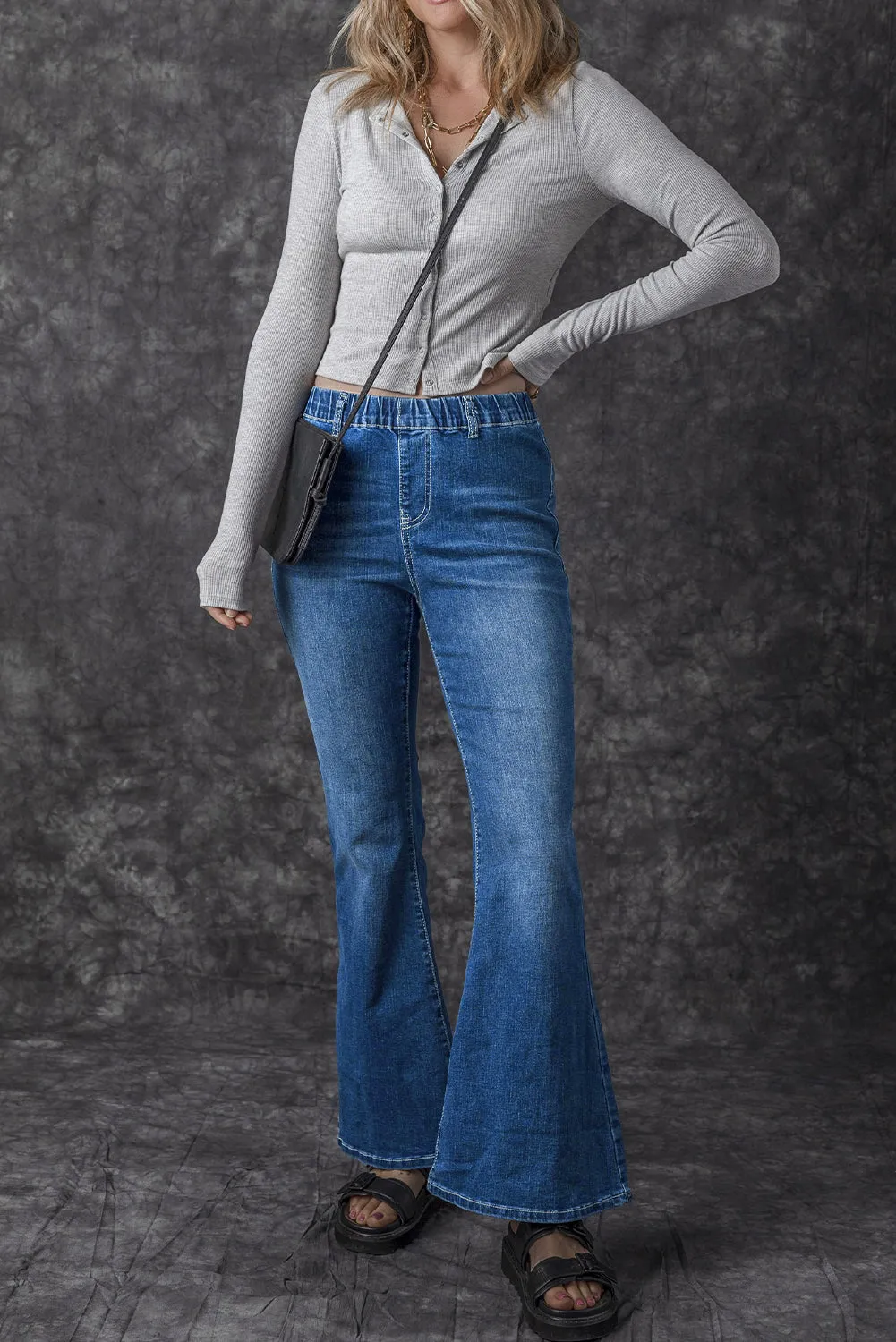 Elastic High Waist Flare Jeans