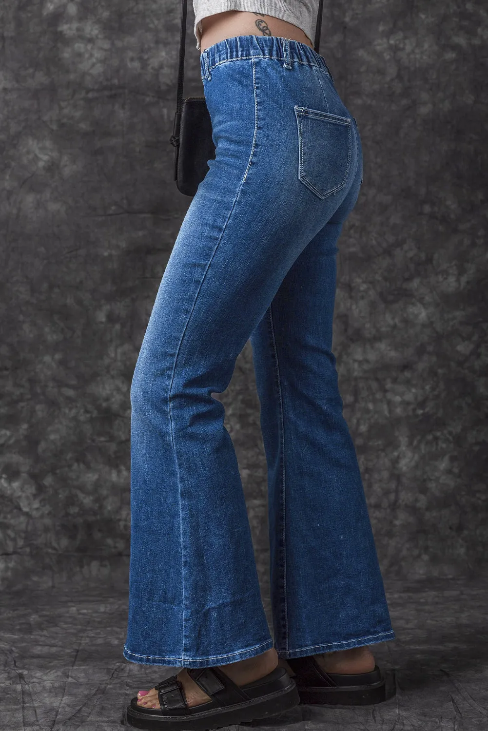 Elastic High Waist Flare Jeans