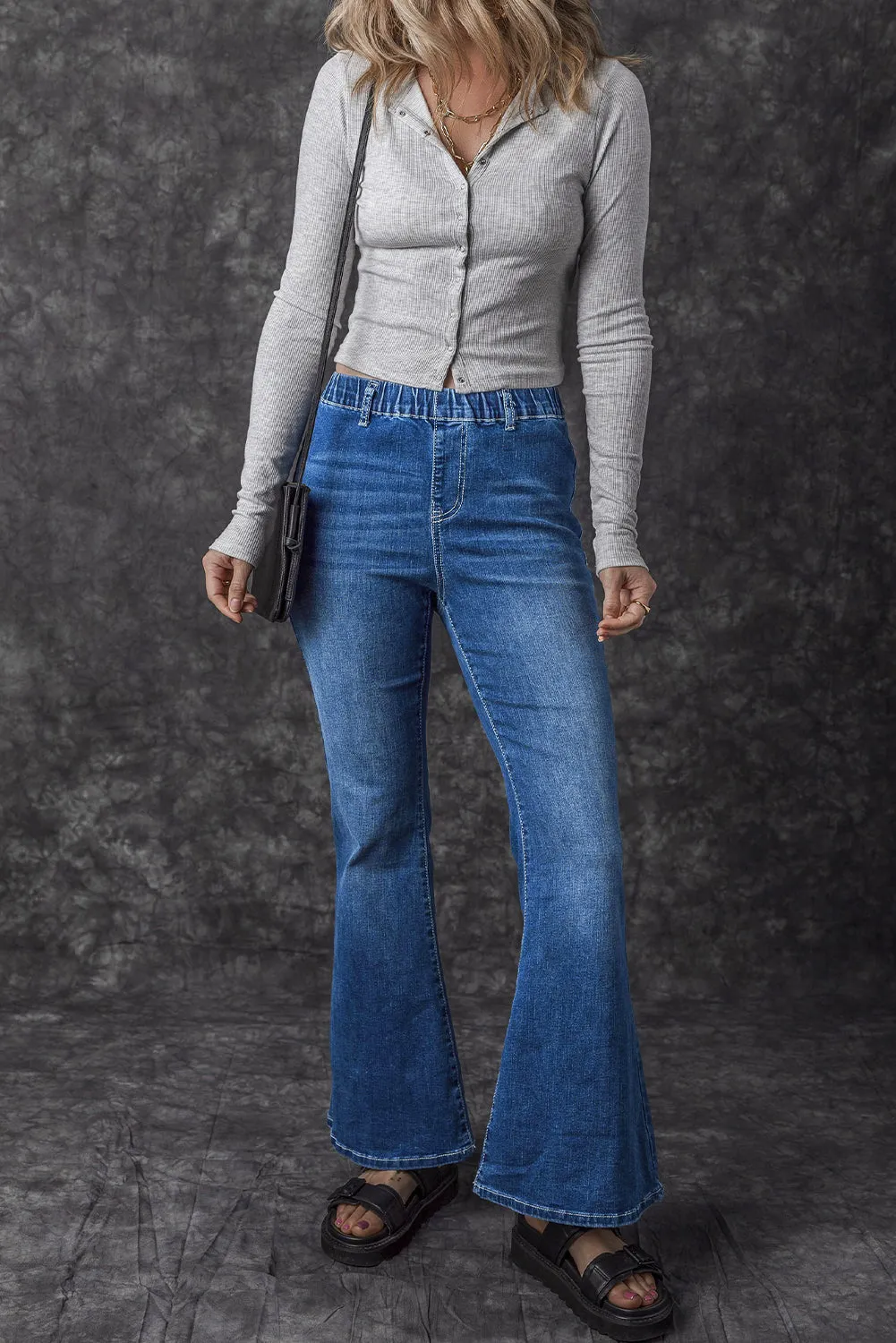 Elastic High Waist Flare Jeans