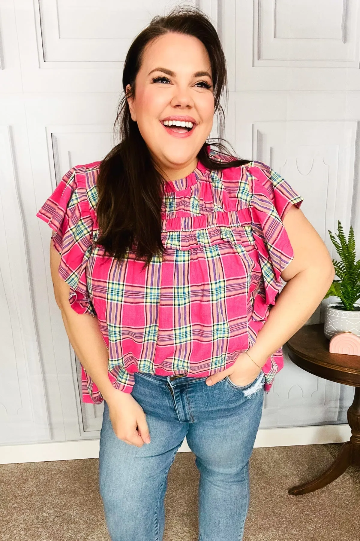 Fuchsia Plaid Shirred Yoke Flutter Sleeve Top