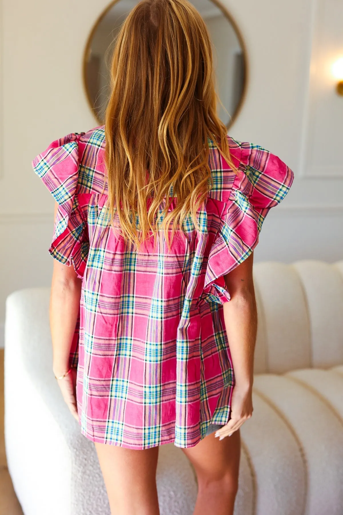 Fuchsia Plaid Shirred Yoke Flutter Sleeve Top