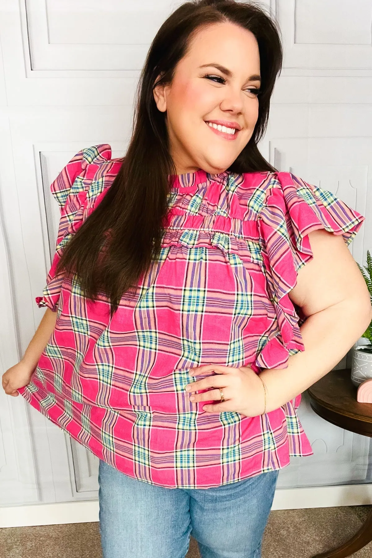 Fuchsia Plaid Shirred Yoke Flutter Sleeve Top