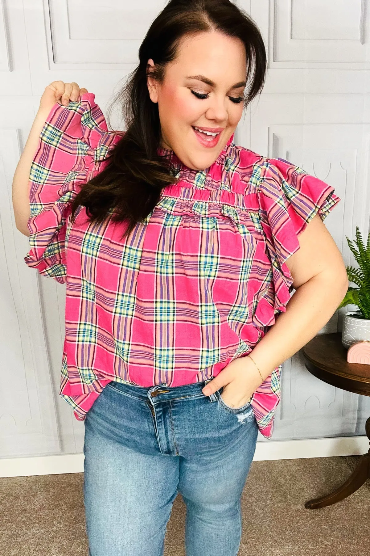 Fuchsia Plaid Shirred Yoke Flutter Sleeve Top